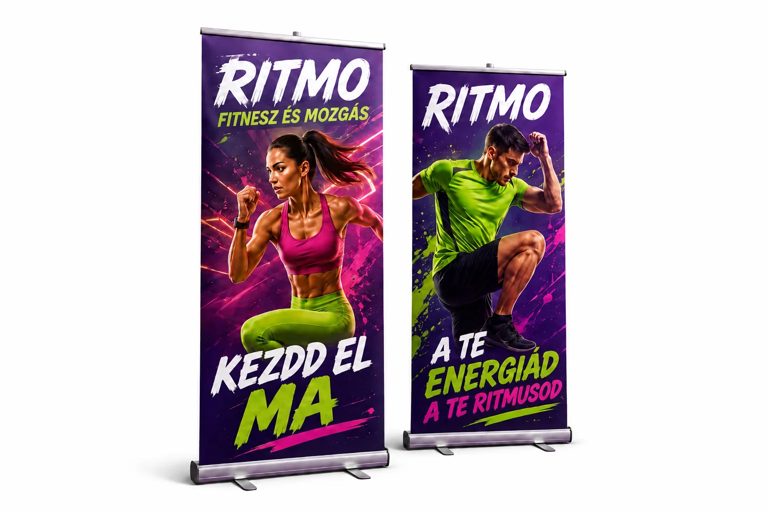 Ritmo Fitness: lila roll-upok sportol&oacute;k fot&oacute;ival &eacute;s magyar feliratokkal